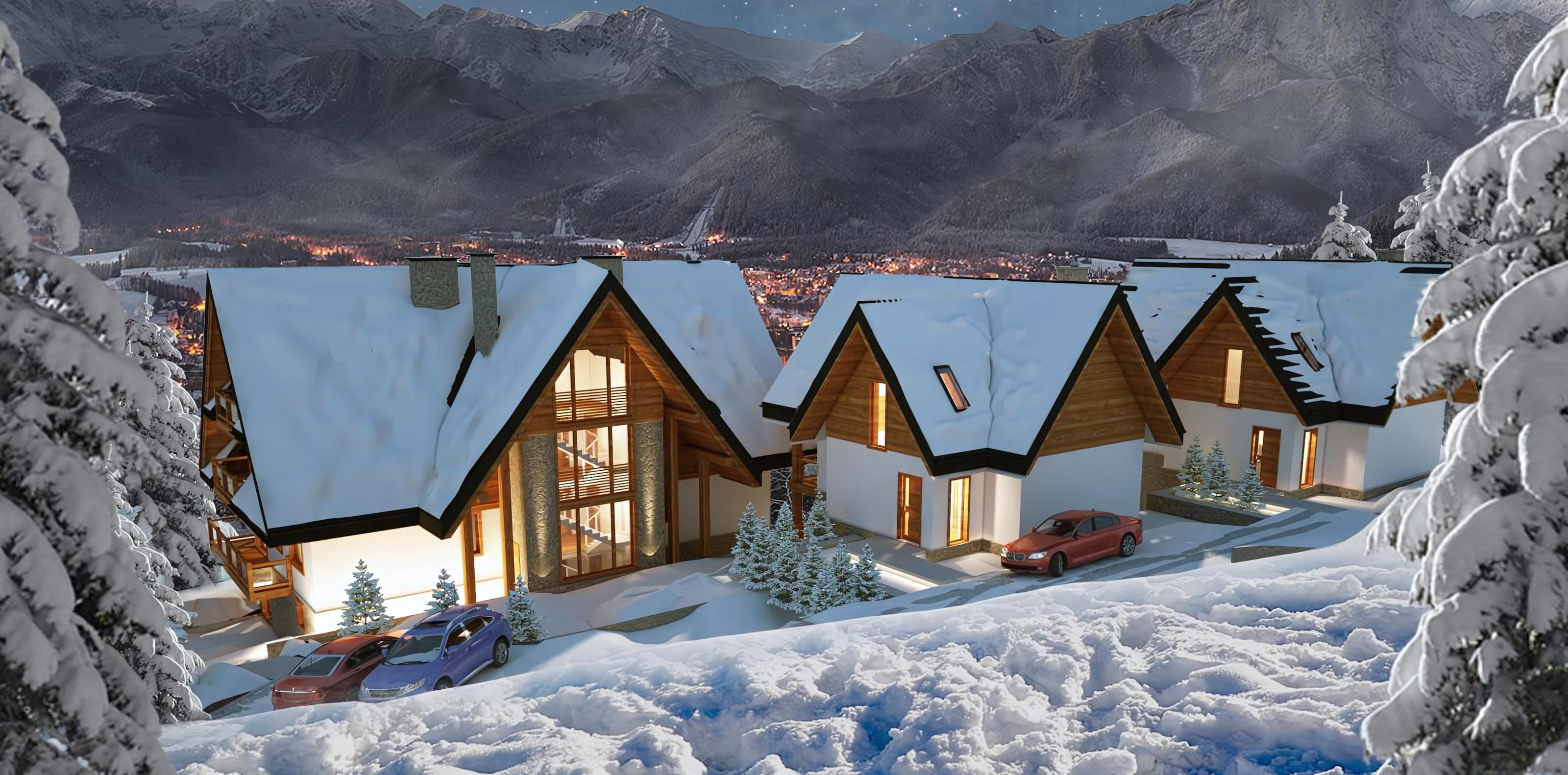 Wizualizacja Apart H900 nocą: domy w śniegu, w tle Zakopane i Tatry